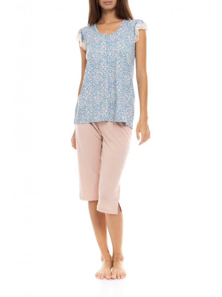 Pink Label Γυναικεία Πιτζάμα Κοντό Μανίκι Και Κάπρι "BLUE FLOWER" Κωδ. S1412