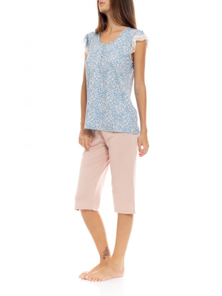 Pink Label Γυναικεία Πιτζάμα Κοντό Μανίκι Και Κάπρι "BLUE FLOWER" Κωδ. S1412
