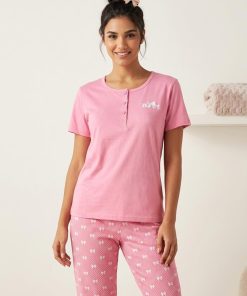 Lydia Creations Κοντομάνικη Καλοκαιρινή Γυναικεία Πιτζάμα Με Κουμπάκια Στη Μπλούζα Κωδ. 26092 ροζ με εμπριμε παντελονι