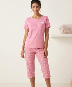 Lydia Creations Κοντομάνικη Καλοκαιρινή Γυναικεία Πιτζάμα Με Κουμπάκια Στη Μπλούζα Κωδ. 26092 ροζ με εμπριμε παντελονι