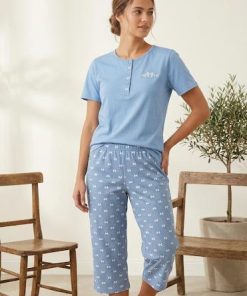 Lydia Creations Κοντομάνικη Καλοκαιρινή Γυναικεία Πιτζάμα Με Κουμπάκια Στη Μπλούζα Κωδ. 26092 μπλε ραφ