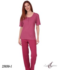 Lydia Creations Κοντομάνικη Καλοκαιρινή Γυναικεία Πιτζάμα Με Κουμπάκια Στη Μπλούζα Και Μακρύ Παντελόνι Κωδ. 25030-1 L μπορντό